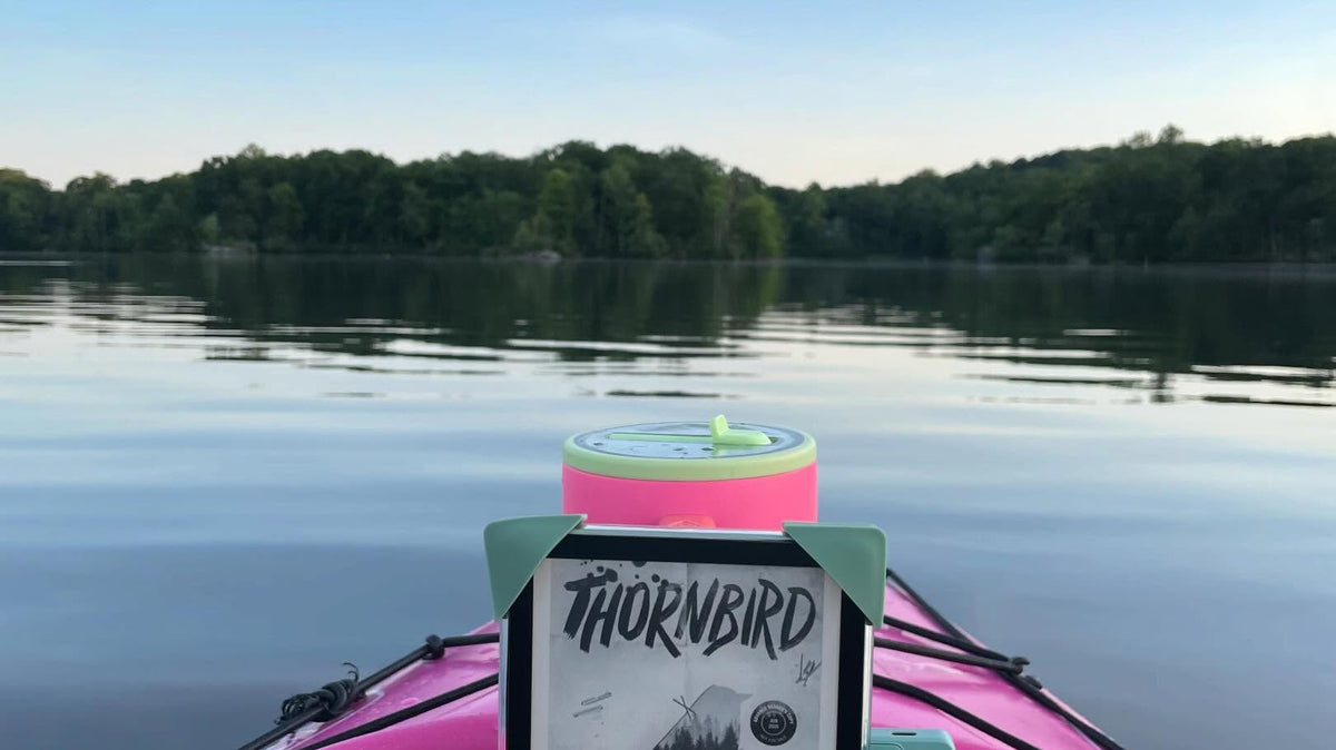 Reading one-handed with sage green Strapsicle straps on a Kindle