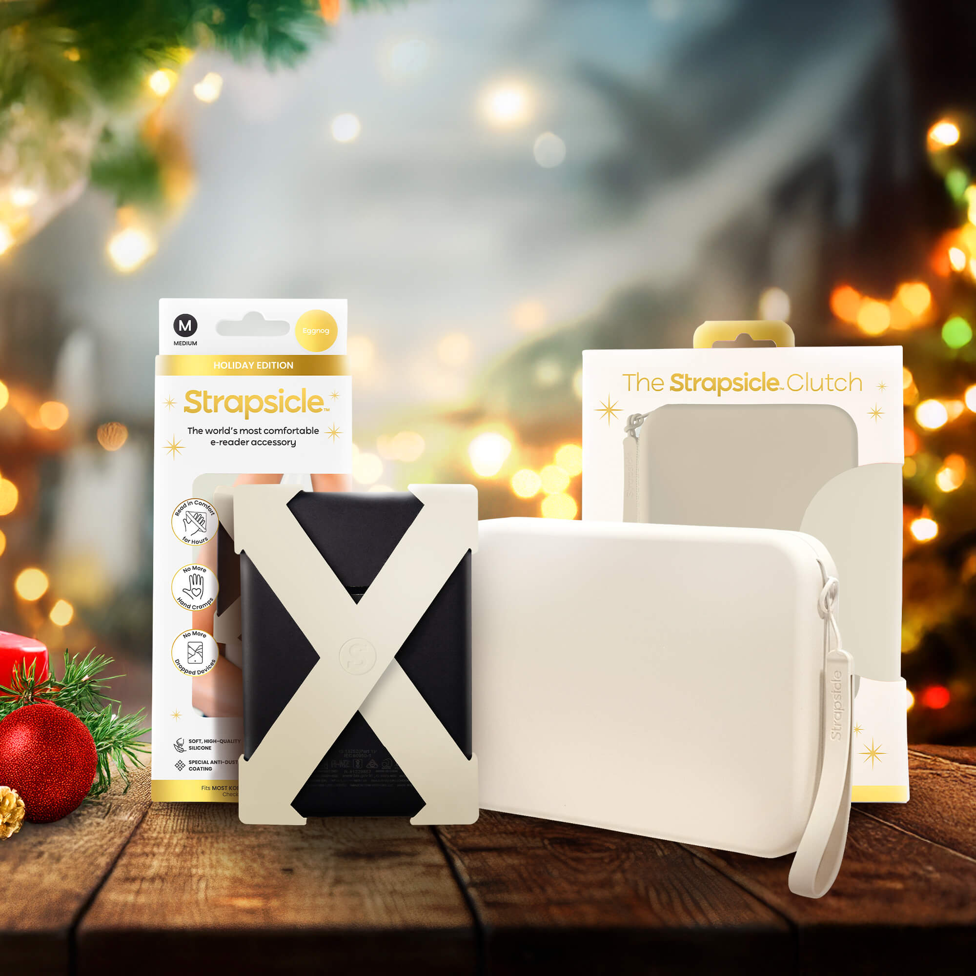 A eggnog straps and clutch with packaging on a wooden surface with blurred lights in the background
