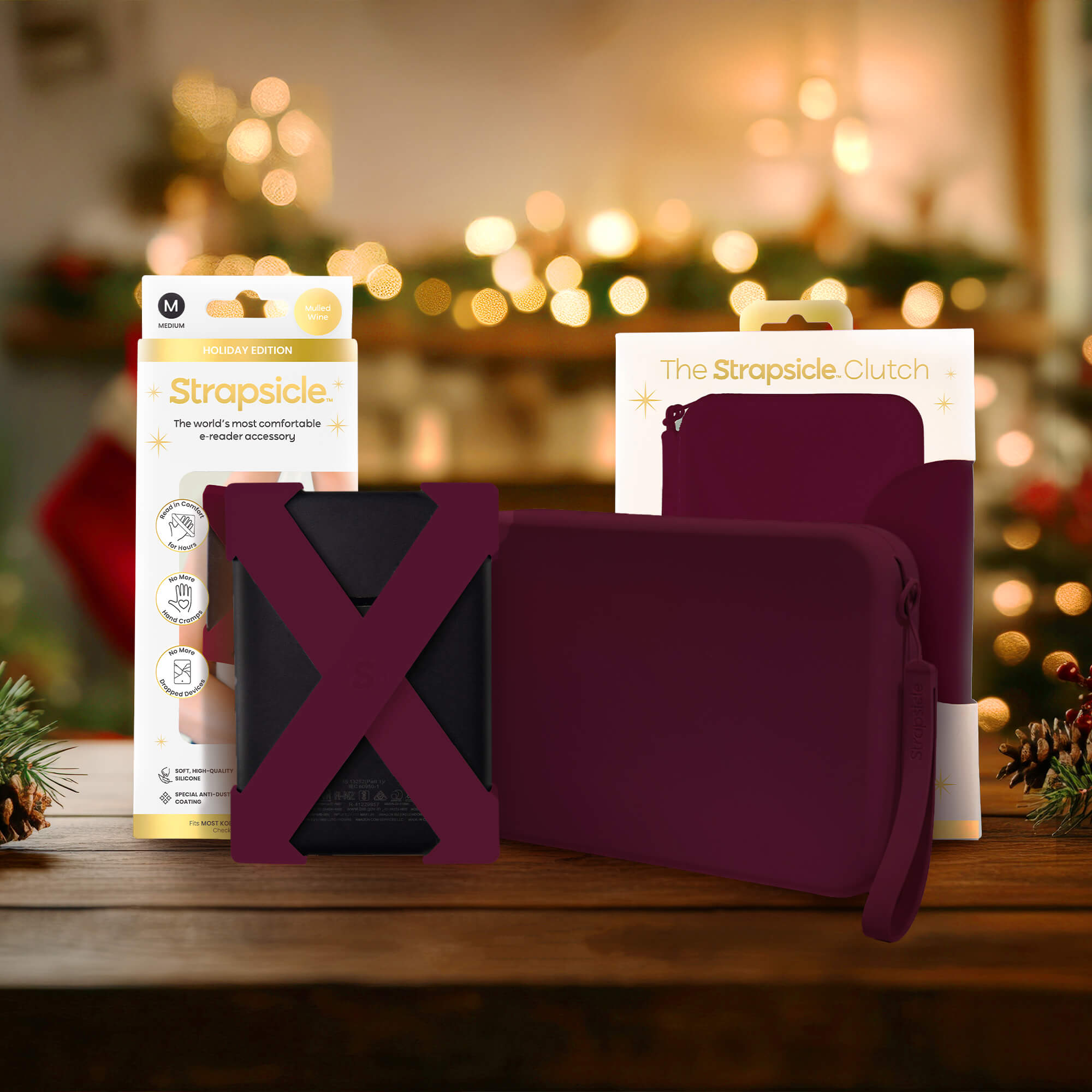 A mulled wine straps and clutch with packaging on a wooden surface with blurred lights in the background
