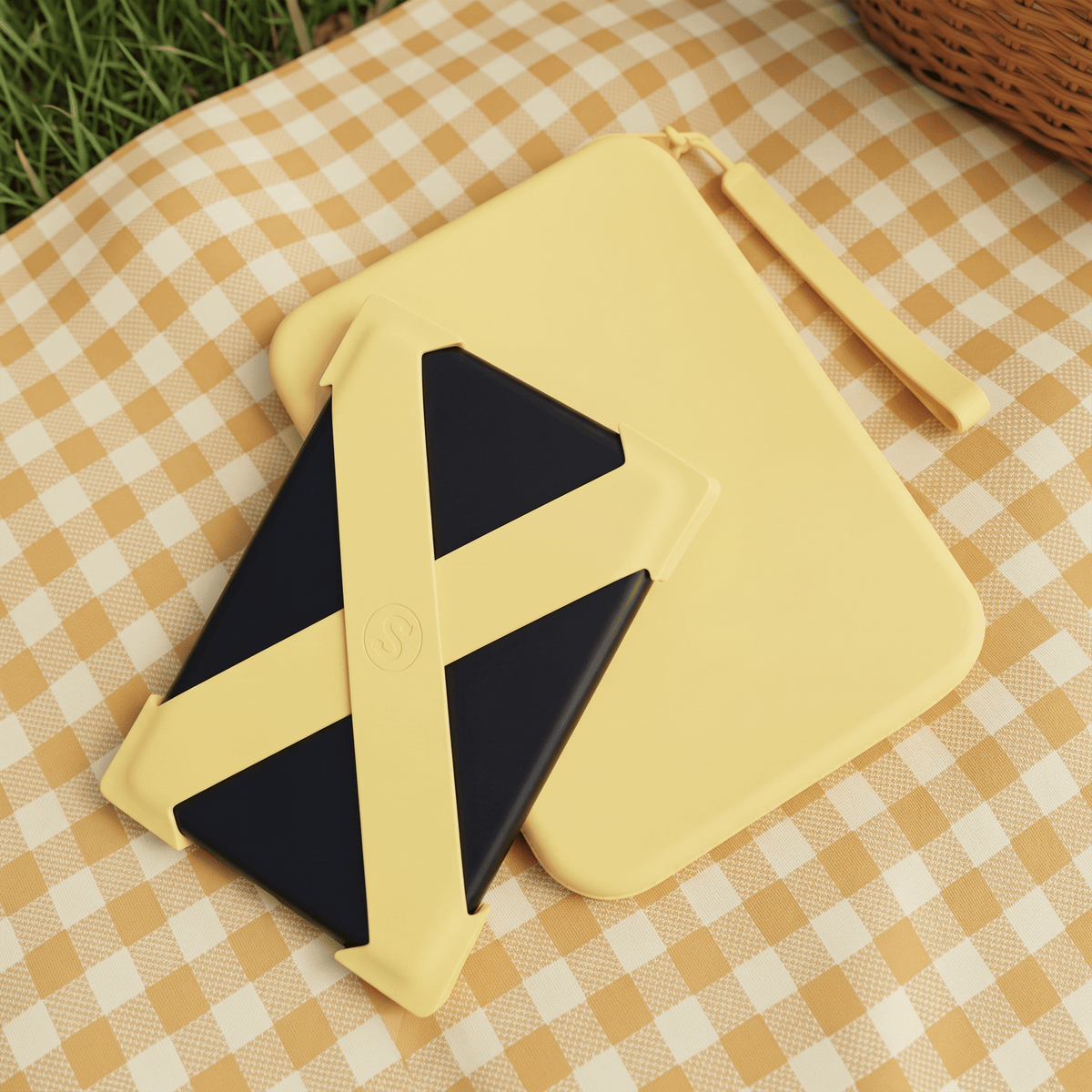 Butter Yellow Strapsicle Kindle Clutch and Straps set on a gingham picnic blanket - Buy Kindle Accessories Direct