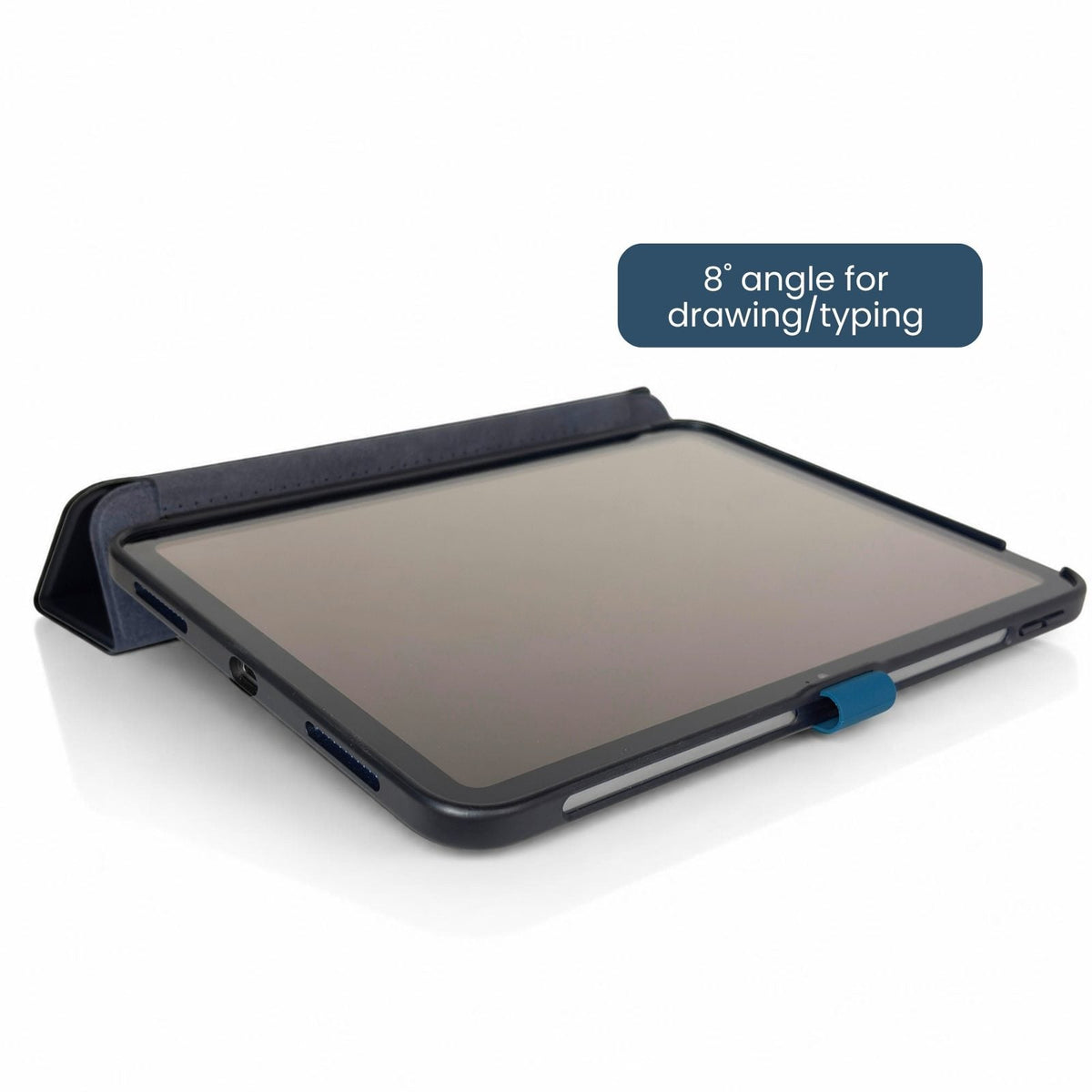 iPad case at an 8 degree angle for typing and drawing