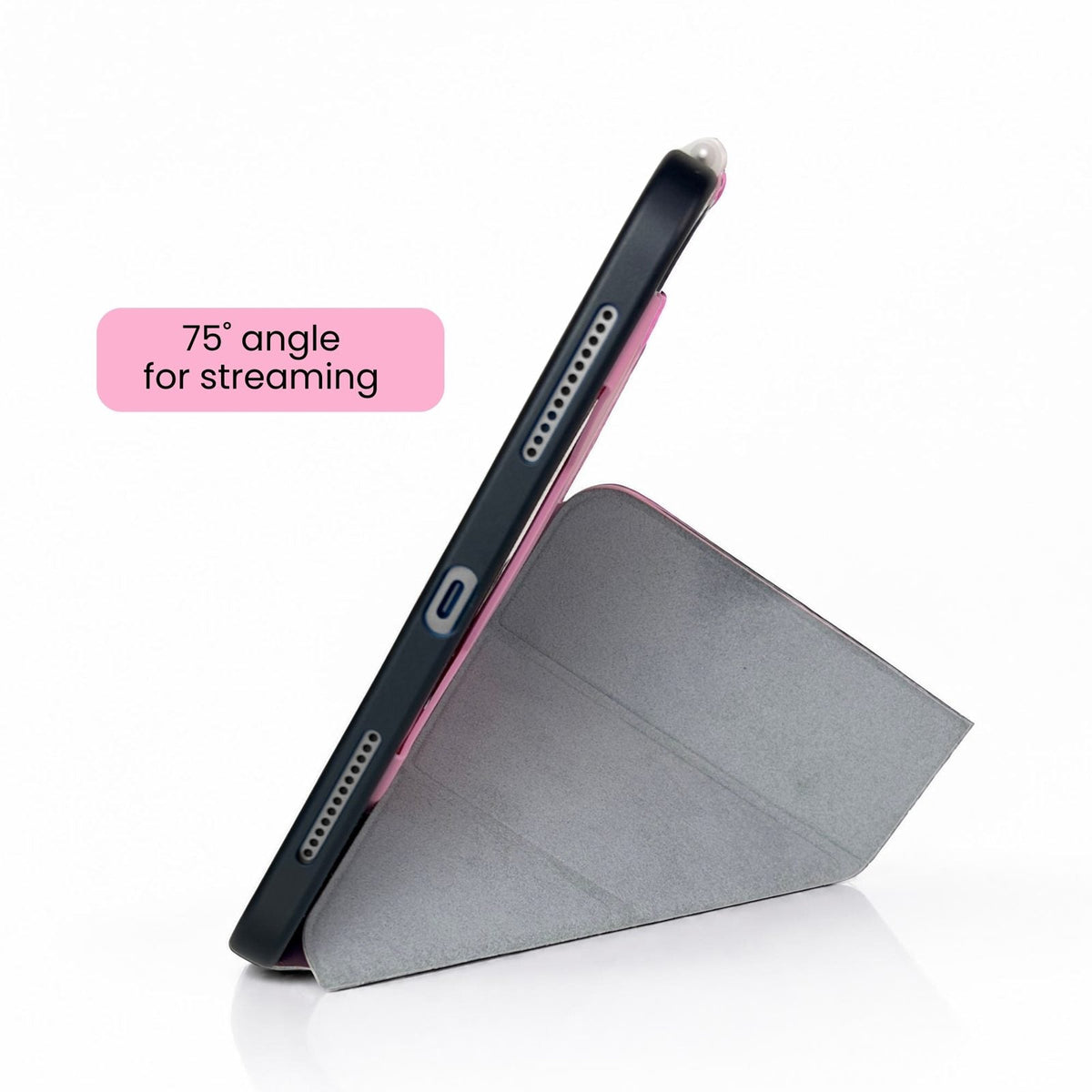 Pink iPad case at a 75 degree angle for streaming