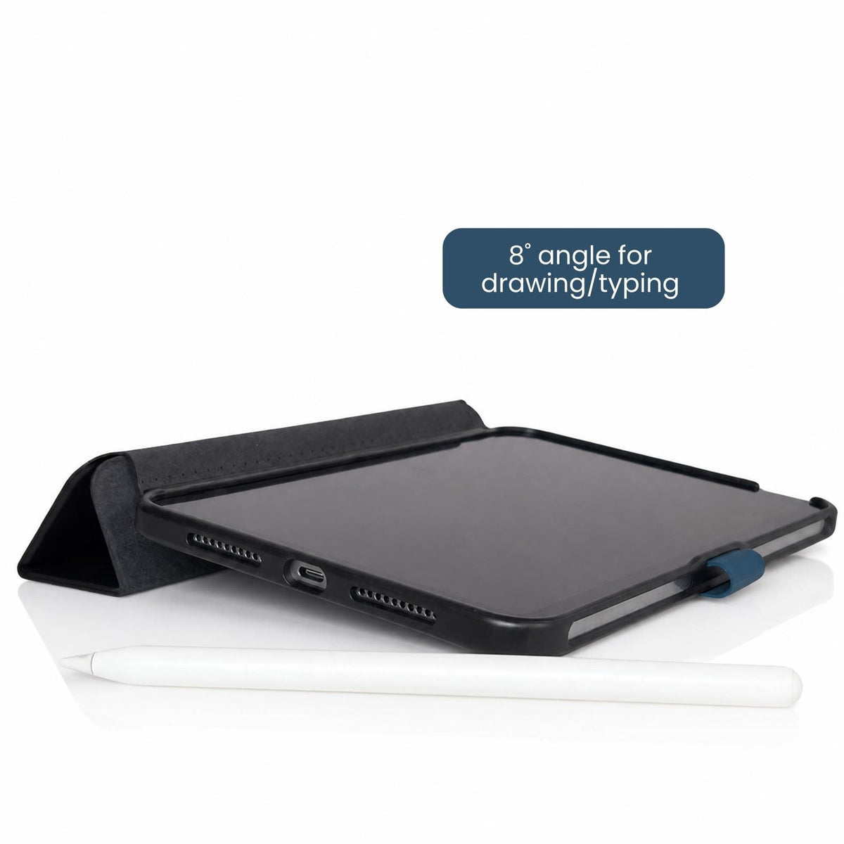 Black iPad mini case at an 8 degree angle for typing