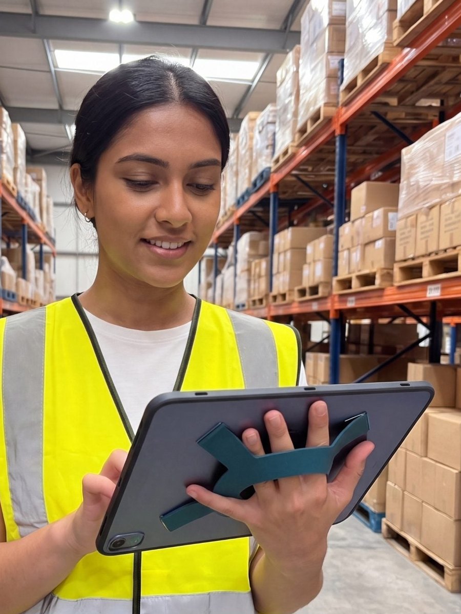 Woman using an iPad with the Strapsicle case at work